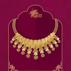 Elevate your style with this lightweight and flexible antique necklace. Featuring a stunning touch of Meenakari on modern, fan-like gold plates, it is designed to fit every neck effortlessly.