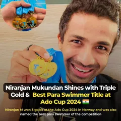 Niranjan Mukundan shines with triple gold and the Best Para Swimmer title at the Ado Cup 2024 in Norway. His perseverance, dedication, and strength are an inspiration to us all.