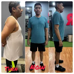 This client's posture and core strength have visibly improved. The 'before' and 'after' shots show a significant reduction in abdominal fat and a much stronger stance.