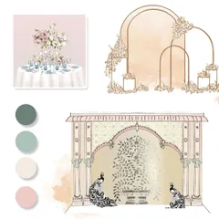 Every event starts with a mood board to define the aesthetic. This board showcases the vision for a serene and elegant indoor puja, with a soft pastel color palette, delicate floral concepts, and peacock motifs.