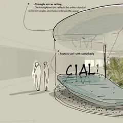 This design sketch details the feature wall and water body at the entrance of the Cochin Airport. It shows our early thinking on how to use reflections and water to create a sense of arrival and magnify the scale of the space.