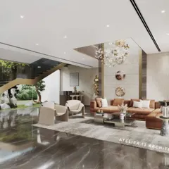 This angle highlights the integration of nature into the living space. The large glass wall next to the staircase provides a direct view of a curated garden with sculptural rocks, while the polished marble floor reflects the light and greenery, blurring the lines between inside and out.