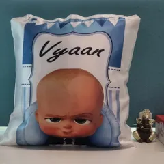 A fun, personalized cushion for a child's room, featuring the "Boss Baby" theme and the child's name, "Vyaan."
