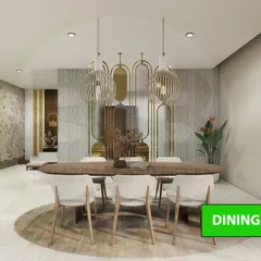This 3D design for a dining area demonstrates our Modern Art Deco style. We conceptualized a space that blends elegance and modernity, featuring a statement lighting fixture, bespoke metallic partitions, and a mix of rich textures to create a sophisticated environment for dining and entertaining.