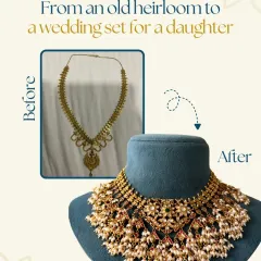 We transformed an old heirloom necklace into a grand wedding set for a daughter. By adding layers of pearls and reworking the original gold, we created a bridal piece that is both new and full of history.