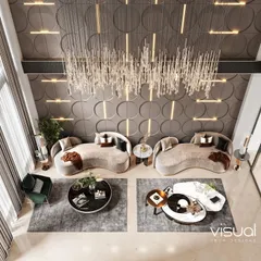 An aerial top-down view of the duplex living room layout. This CGI perspective is invaluable for space planning, showing the furniture arrangement and circulation paths clearly.