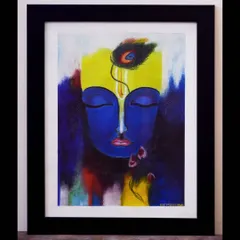 A handmade portrait of a meditating Krishna, created with soft pastels. This piece is framed and ready to bring a sense of calm to any room.