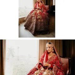 A diptych of the bride seated by a window, the natural light illuminating her stunning red lehenga. These portraits are timeless and full of grace.