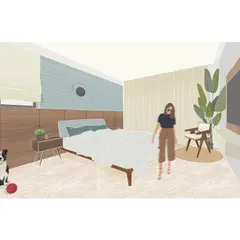 A concept illustration for a master bedroom, focusing on creating a calm and restful atmosphere with a mix of wood and textured surfaces.
