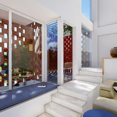 This 3D render shows how a double-height living space can be transformed with a brick jali screen. The perforated wall filters natural light, creating dynamic patterns of light and shadow while ensuring privacy and connecting the indoors with a cozy sit-out area.