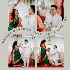 "Making memories that last a lifetime." This collage captures the fun and romance of an engagement, from the couple dancing to the groom getting down on one knee with a bouquet of roses.