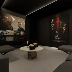 Another view of the lounge concept, showing how movie posters and art can be used to personalize the space and reflect the owner's tastes.
