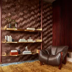 The "Marqueteries" collection transforms wood into a dynamic, rhythmic wallcovering. This library scene, with its undulating geometric wood pattern, rich brown tones, and custom shelving, creates a warm, sophisticated, and texturally rich environment.