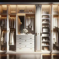 A bright and airy luxury closet concept. The white and gold color scheme, glass-fronted shoe shelves, and central drawer island with a mirror provide the ultimate dressing room experience.