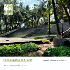The revitalization of Bandra Fort included the design of this stunning stone amphitheater. Nestled among lush greenery and palm trees, it serves as a public gathering space for events and performances, seamlessly blending with the natural and historical context of the site.