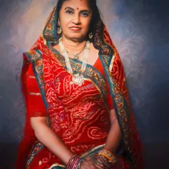 Dressed in a vibrant red bandhani sari, this woman's portrait is rich with color and tradition. The painterly style enhances the intricate details of her attire and the warmth of her smile.