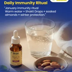This is my simple daily immunity ritual for January. A glass of warm water with Sri Sri Shakti Drops and a side of soaked almonds is a powerful combination for winter protection, energy, and balance.