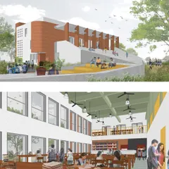 The proposed design includes a public library with an integrated outdoor amphitheater, creating a valuable community hub. The interior rendering shows a bright, airy, double-height library space designed to be a welcoming and inspiring place for study and reading.
