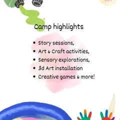 This graphic details the highlights of our "Art & Artists Around the World" summer camp. It covers the mix of storytelling, art activities, sensory exploration, and 3D installations included in each session.