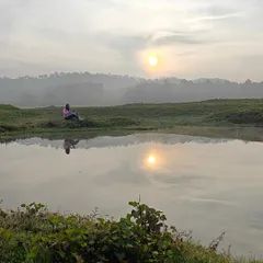 A serene morning in Coorg, with the sun rising over a calm lake, creating a perfect reflection. A moment of pure tranquility.
