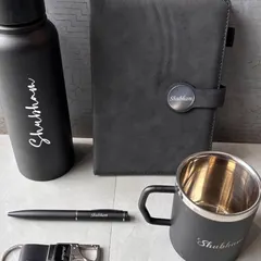 Here is the same versatile gift set in a matte black finish, personalized with the name "Shubham". This demonstrates how the kit can be adapted for individual employees, not just for company-wide branding.