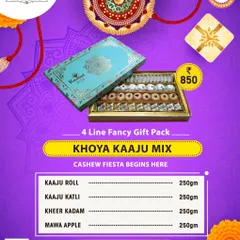 Our Khoya Kaaju Mix gift pack is a festival of cashews and khoya, combining classic sweets like Kaju Katli and Kheer Kadam for Rakhi.