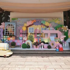 Another wide view of the Peppa Pig party stage, showing the incredible detail and number of props used to recreate the beloved cartoon world.