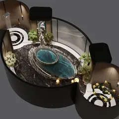 A poetic tribute to sea waves, this luxurious bathroom blends fluid curves and mountain views. The gracefully arched walls offer both privacy and openness, framing the landscape while creating a spa-like retreat with a central jacuzzi.