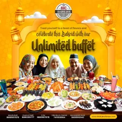 We help you celebrate Bakrid with an unlimited buffet that brings the whole family together. This image shows a table laden with a diverse spread of our barbeque starters, main courses, and colorful drinks, perfect for a joyous gathering.