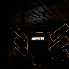 The calm before the storm. A shot of the stage setup with my logo on the LED screen, ready for the show to begin.