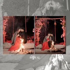 A cozy and romantic collage of a couple by a campfire at night, with a rain effect adding to the dramatic atmosphere.