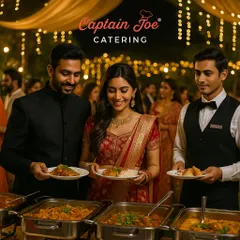 I believe wedding food should be as memorable as the ceremony itself. Here, you can see guests enjoying a lavish buffet at a beautifully lit evening wedding. My uniformed staff ensures seamless service, allowing everyone to savor the exquisite Indian cuisine and celebrate the special day.