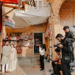 On location in the streets of Jaisalmer for a pre-wedding shoot. Working on site requires adaptability and teamwork with the photography crew to get the perfect shot.