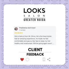 A five-star review praising our head stylist, Mr. Shiva, for making the client feel comfortable and for providing helpful tips for hair care. We love hearing that our clients feel well-cared for.