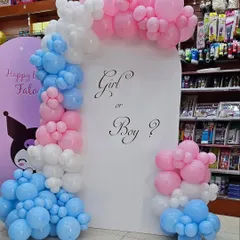 A "Girl or Boy?" gender reveal backdrop. This setup features an arched panel with a pink and blue balloon garland, perfect for a surprise moment.
