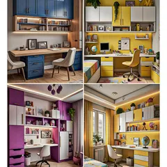 A collection of vibrant and creative study units designed just for kids! Whether it's bold blue, sunny yellow, or playful purple, each setup includes ample shelving and cabinet space to keep school supplies organized and inspire learning.