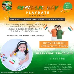 This is the official announcement for our Republic Day Playdate for kids and parents. It lists all the planned activities, including a treasure hunt, wall climbing, art projects, and unlimited play zone access.