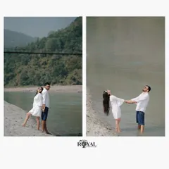 A diptych of a couple in matching white outfits by the river, showing both a posed shot and a playful, candid moment in the water.