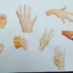 A study of hands in various positions, painted by 8th grader Anaya. Figure drawing, including details like hands, is an advanced skill we practice in our classes.