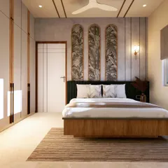 For a teenage boy's room, we designed a tropical-themed space. The three-panel art piece above the bed and the mix of textures create a youthful yet sophisticated atmosphere.