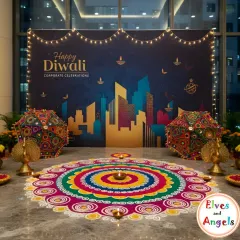 This corporate Diwali photo corner combines modern and traditional elements. A custom backdrop featuring a city skyline is paired with a vibrant, handcrafted rangoli and ornate Rajasthani umbrellas, creating a unique and beautiful spot for employees to capture festive memories.