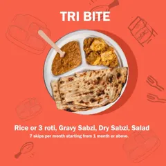 Our bestseller, the Tri Bite plan, is the perfect balanced meal. You get Rice or 3 Rotis, a Gravy Sabzi, a Dry Sabzi, and Salad. It's the ideal choice for your daily lunch or dinner.