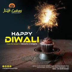 We help you celebrate Diwali with a touch of sweetness. This graphic features a decadent chocolate cupcake with a lit sparkler, representing our special menu of desserts and delights for the festival of lights.