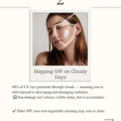 A skincare red flag is highlighted here: skipping SPF on cloudy days. The graphic explains that 80% of UV rays still penetrate clouds, causing cumulative sun damage.