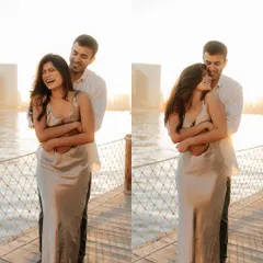 A collage showing a couple's playful and loving interactions by the water in Dubai. These shots capture the transition from laughter to a sweet, intimate moment.