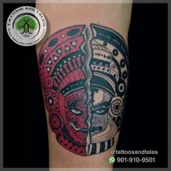 We love telling stories through ink. This piece merges two iconic Kerala art forms, Theyyam and Kathakali, blending bold red with monochrome to represent the balance of fierce divinity and expressive grace.