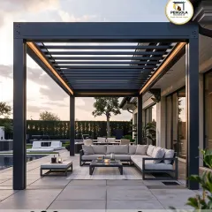 Integrated lighting transforms this rafter pergola into a sophisticated evening retreat. The warm light highlights the clean lines of the structure, creating an inviting atmosphere for poolside gatherings after dark.