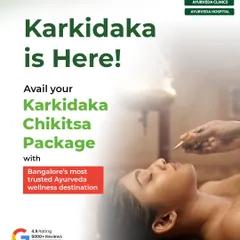 A visual announcement for our Karkidaka Chikitsa package, featuring a serene image of Shirodhara therapy. This treatment is a key component of our monsoon wellness program, offered at Bangalore's most trusted Ayurveda destination.