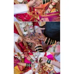 A detailed collage of various hand rituals during a Maharashtrian wedding, including kanyadaan and the holding of hands, symbolizing their union.