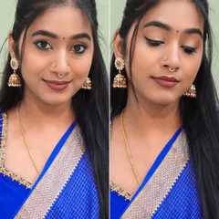 A classic look with a royal blue saree. The makeup is simple with a sharp wing liner and a muted lip to let the saree color shine.